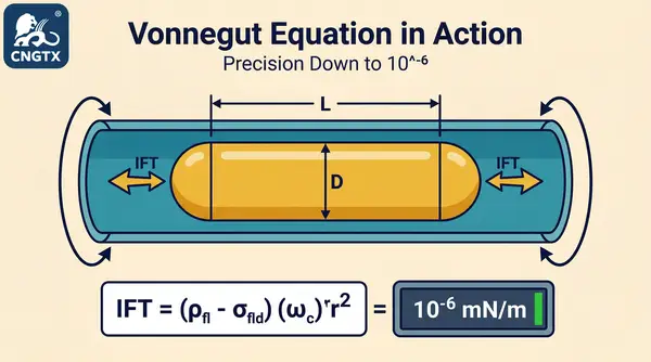 Vonnegut equation: centrifugal force elongating oil droplet to hydrodynamic equilibrium for 10^-6 mN/m precision